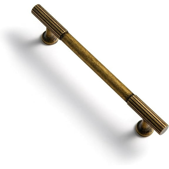 Goo-Ki 6 Pack Vintage Antique Brass Zinc Alloy Cabinet Handles - 5''(128mm) Hole Center Striped Decorations Cabinet Pull Hardware for Bedroom, Kitchen