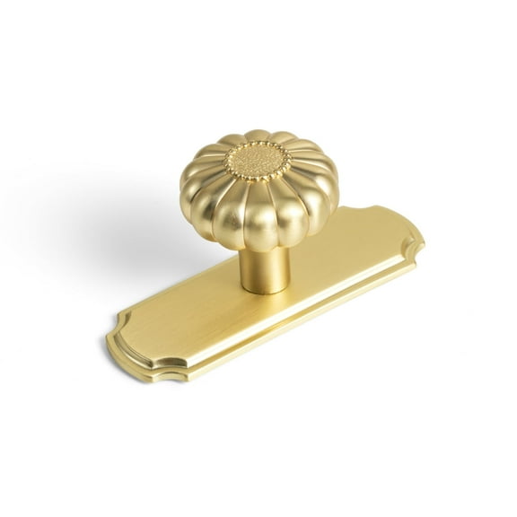 Goo-Ki Set of 6 - Elegant Golden Bloom Brushed Brass Cabinet Knobs with Backplate, Drawer Pulls for Kitchen, Dresser Cabinet Hardware for Bedroom, 1-1/4 Inches Diameter Handles