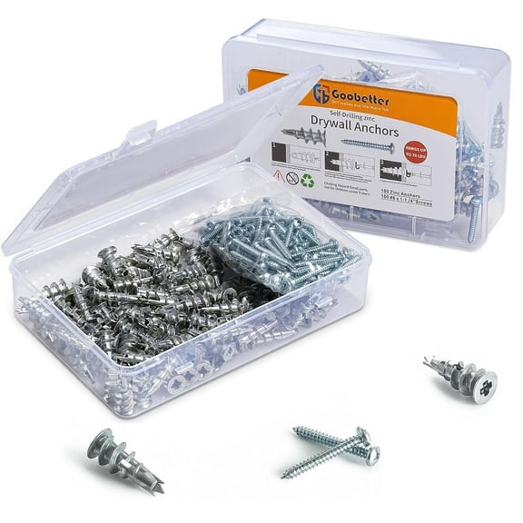 GooBetter Screws and Anchors 200pcs,#8 x 1-1/4" Drywall Anchors,Heavy Drywall Screws with Anchors,100 Pcs Zinc Sheetrock Anchors and 100 Pcs Metal Screws