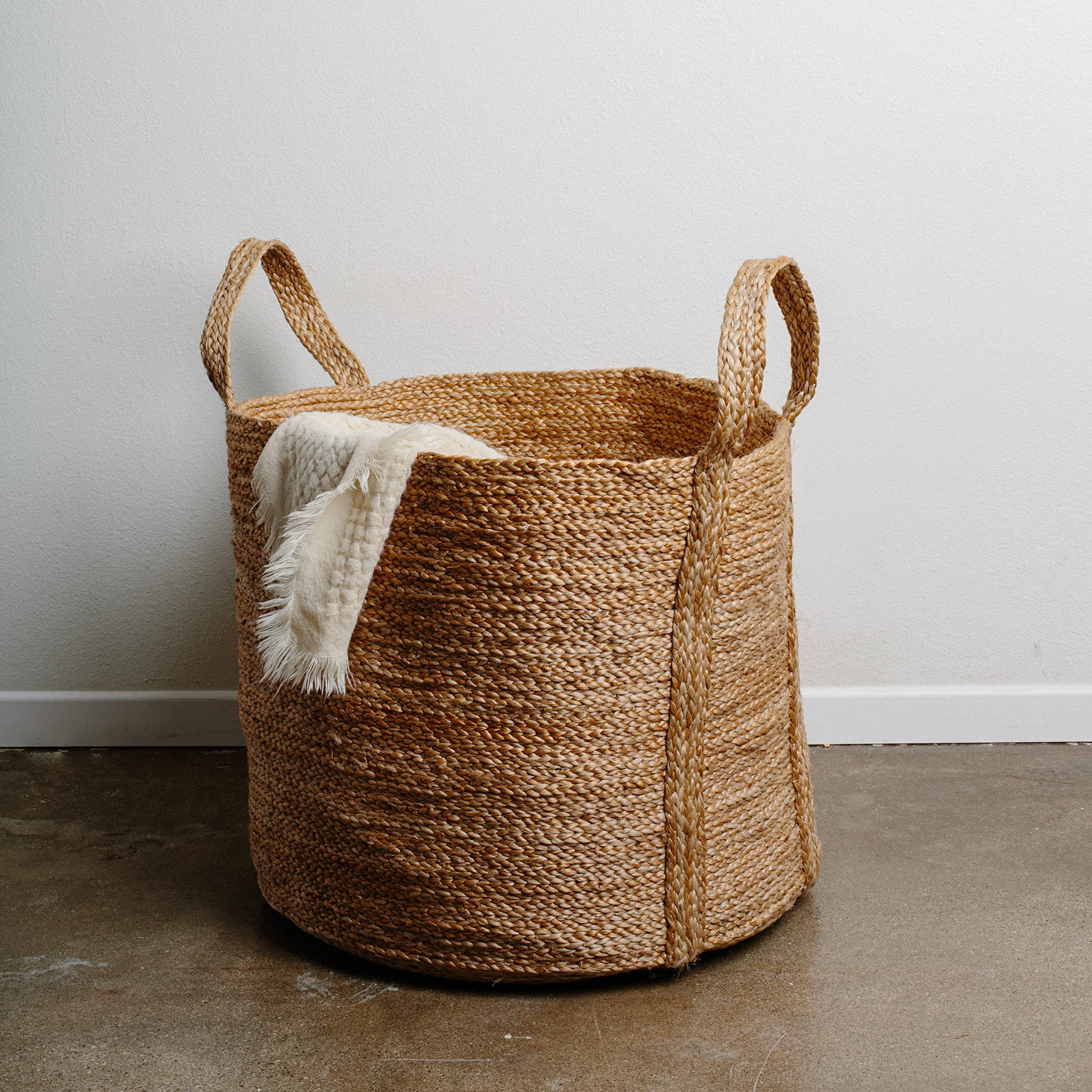 Cozy Modern Farmhouse Rustic Basket - Soft Sided Storage Chunky Yarn Basket  with Jute Handles
