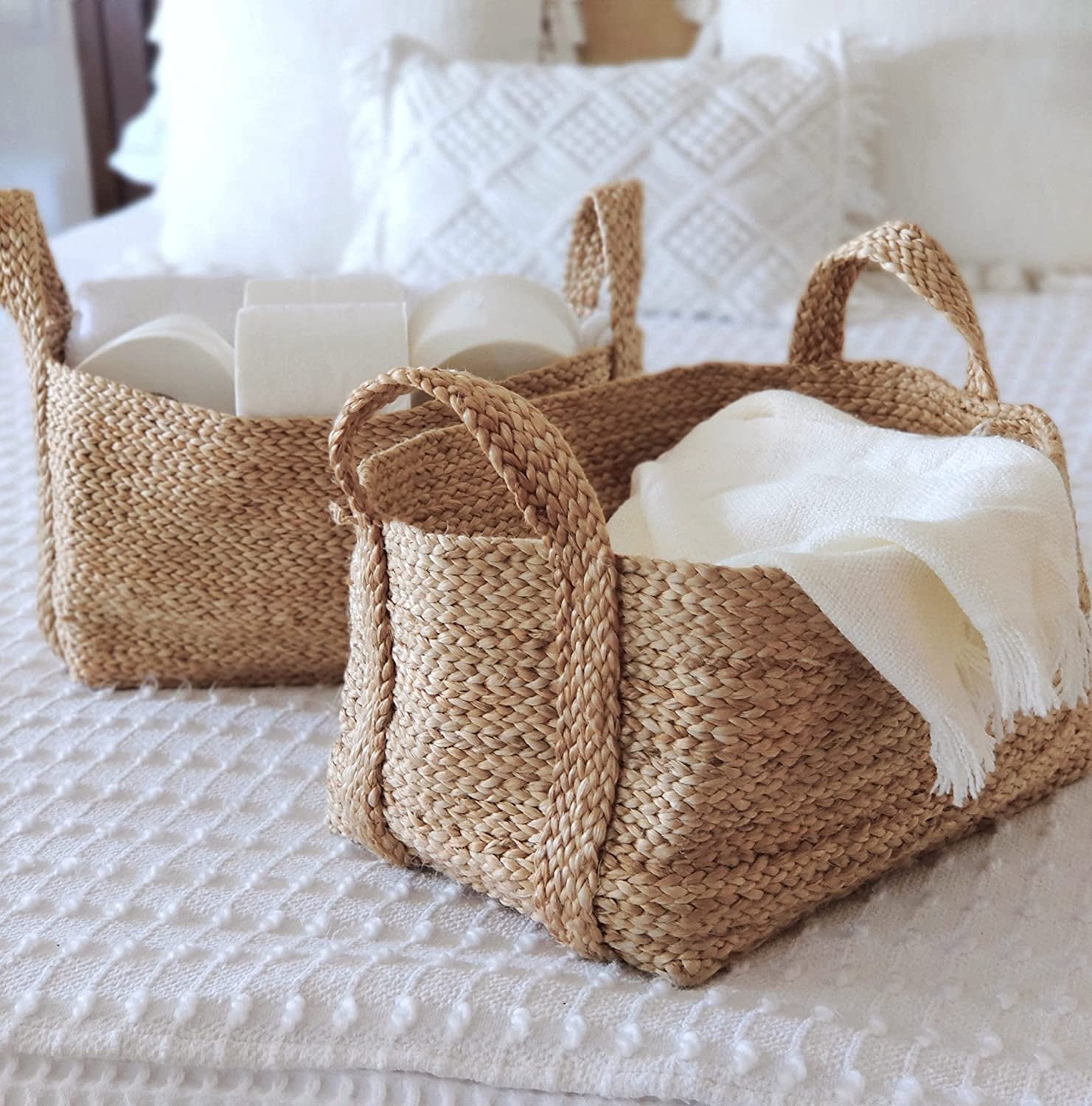 GooBloo Handmade Woven Basket 100 Jute 10” x 7” Set of 2 Storage