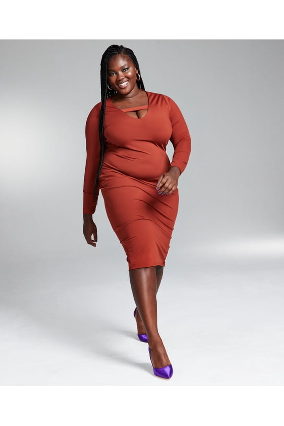 GooGoo Atkins Trendy Plus Size Bodycon Long-Sleeve Peekaboo Midi Dress Copper Rust 2X