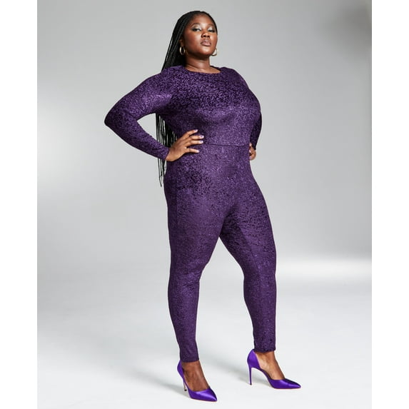 GooGoo Atkins Trendy Plus Size Textured Shimmering Long-Sleeve Cat Suit Regal Plum 4X