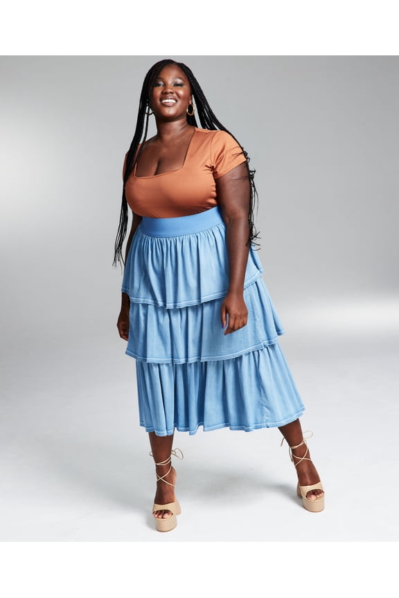 GooGoo Atkins Trendy Plus Size Tiered Chambray Ruffle Maxi Skirt Light Denim Wsh 22W