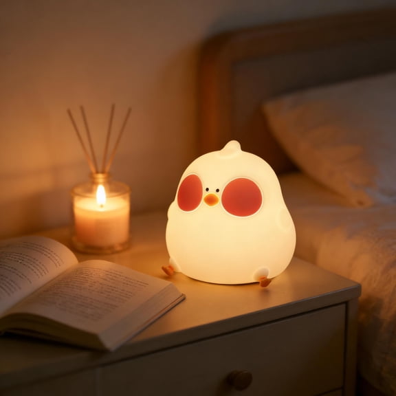 GooGoo Chicken Silicone Night Light, changes color with a gentle tap, 3 adjustable brightness levels, one-button 30-minute timer shutdown, built-in 1200mAh battery, white.