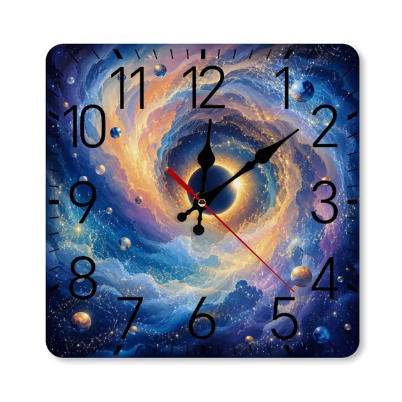 GooTPa 10×10inch Square Silent Wall Clock Wooden Frame, Cosmic Eclipse Star Vortex Scale Decorative Clock for Home Bedroom Living Room Office