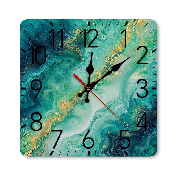 GooTPa 1010inch Square Silent Wall Clock Wooden Frame, Emerald Gold Marble Fluid Scale Decorative Clock for Home Bedroom Living Room Office
