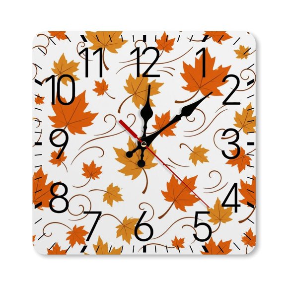 GooTPa 10×10inch Square Silent Wall Clock Wooden Frame, Maple Leaves Swirl Pattern Scale Decorative Clock for Home Bedroom Living Room Office