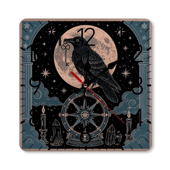GooTPa 1010inch Square Silent Wall Clock Wooden Frame, Raven Key Moon Gothic Scale Decorative Clock for Home Bedroom Living Room Office