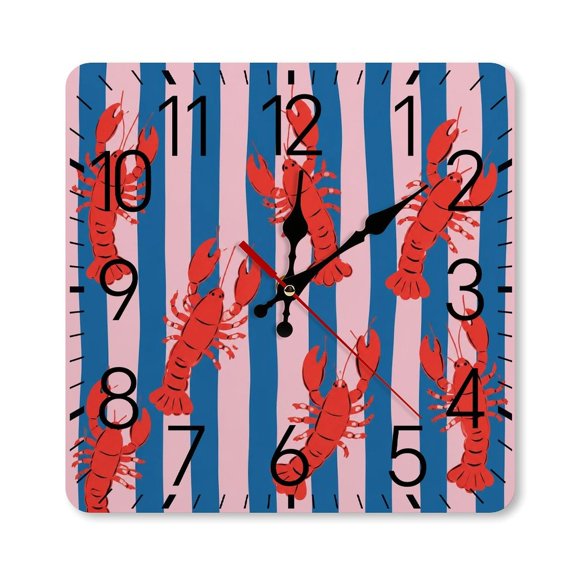 GooTPa 1010inch Square Silent Wall Clock Wooden Frame, Red Lobster Vertical Stripe Scale Decorative Clock for Home Bedroom Living Room Office