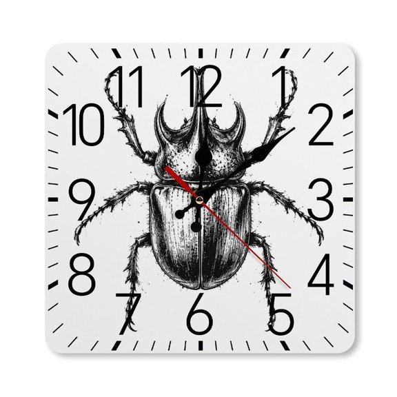 GooTPa 10×10inch Square Silent Wall Clock Wooden Frame, Rhinoceros Beetle Horn Ink Scale Decorative Clock for Home Bedroom Living Room Office