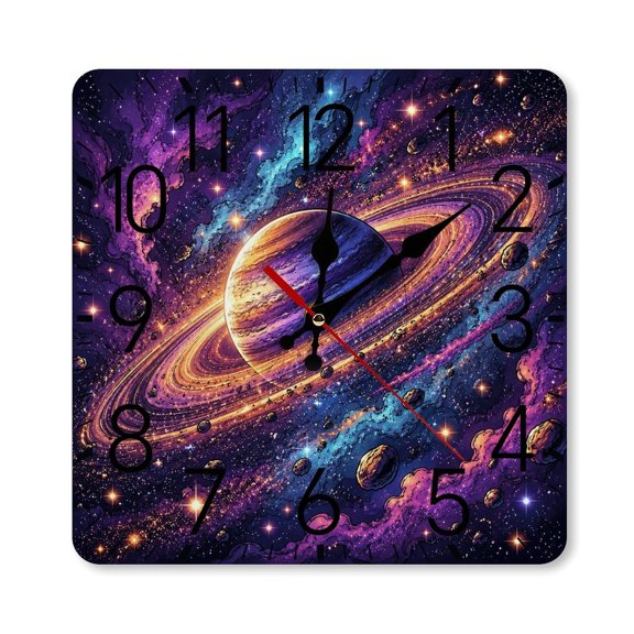 GooTPa 1010inch Square Silent Wall Clock Wooden Frame, Saturn Rings Planet Asteroid Nebula Scale Decorative Clock for Home Bedroom Living Room Office