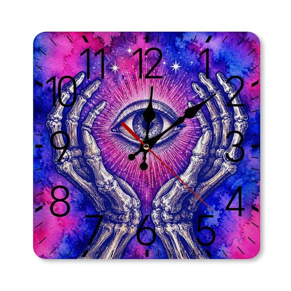 GooTPa 1010inch Square Silent Wall Clock Wooden Frame, Skeleton Hands Eye Mystic Scale Decorative Clock for Home Bedroom Living Room Office