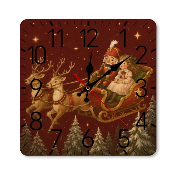 GooTPa 1010inch Square Silent Wall Clock Wooden Frame, Sleigh Ride Reindeer Stars Scale Decorative Clock for Home Bedroom Living Room Office