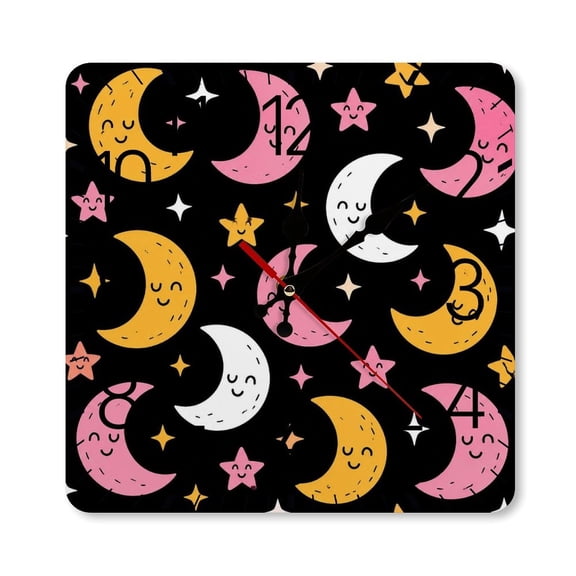 GooTPa 1010inch Square Silent Wall Clock Wooden Frame, Smiling Moon Stars Pattern Scale Decorative Clock for Home Bedroom Living Room Office
