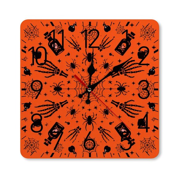 GooTPa 1010inch Square Silent Wall Clock Wooden Frame, Spider Web Skeleton Hand Poison Scale Decorative Clock for Home Bedroom Living Room Office