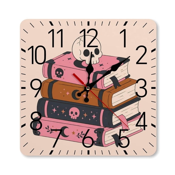 GooTPa 10×10inch Square Silent Wall Clock Wooden Frame, Stacked Spell Books With Skull Scale Decorative Clock for Home Bedroom Living Room Office