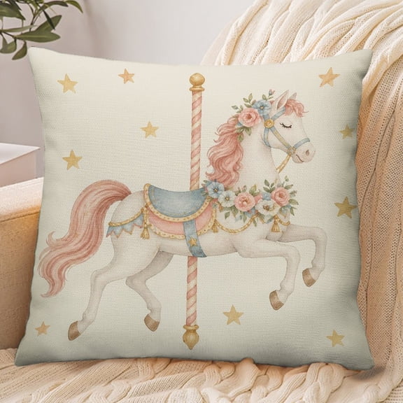 GooTPa 18x18 Inch Envelope Throw Pillow Cover, Carousel Horse With Flowers And Stars Soft Polyester Modern Farmhouse Decorative Cushion Case for Bedroom Living Room Home Decor