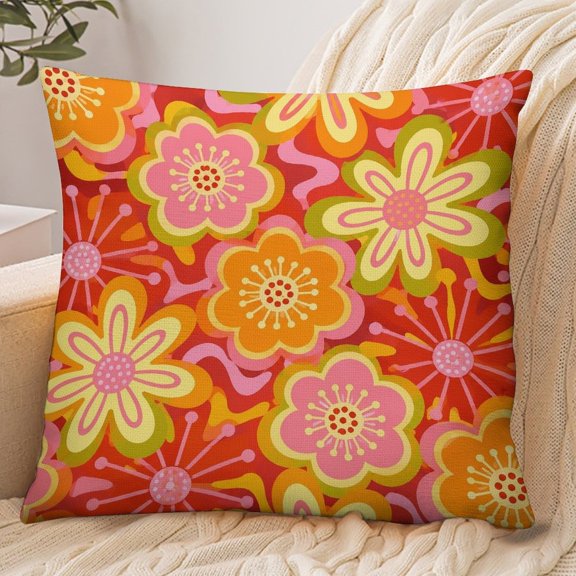 GooTPa 18x18 Inch Envelope Throw Pillow Cover, Groovy Floral Red Background Pattern Soft Polyester Modern Farmhouse Decorative Cushion Case for Bedroom Living Room Home Decor