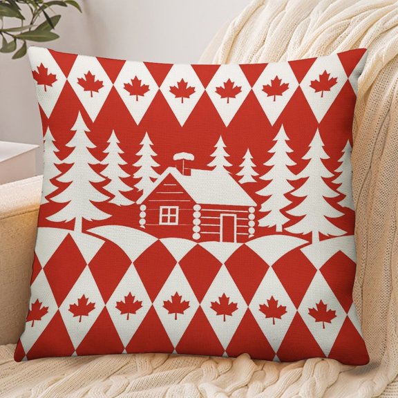 GooTPa 18x18 Inch Envelope Throw Pillow Cover, Log Cabin Forest Maple Leaf Red Soft Polyester Modern Farmhouse Decorative Cushion Case for Bedroom Living Room Home Decor