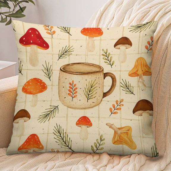 GooTPa 18x18 Inch Envelope Throw Pillow Cover, Mushroom Coffee Mug Pattern Cozy Soft Polyester Modern Farmhouse Decorative Cushion Case for Bedroom Living Room Home Decor