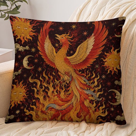 GooTPa 18x18 Inch Envelope Throw Pillow Cover, Phoenix Rising Flames Sun Moon Stars Mythical Soft Polyester Modern Farmhouse Decorative Cushion Case for Bedroom Living Room Home Decor