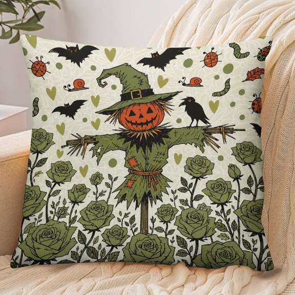 GooTPa 18x18 Inch Envelope Throw Pillow Cover, Pumpkin Scarecrow In Rose Garden With Bats Soft Polyester Modern Farmhouse Decorative Cushion Case for Bedroom Living Room Home Decor