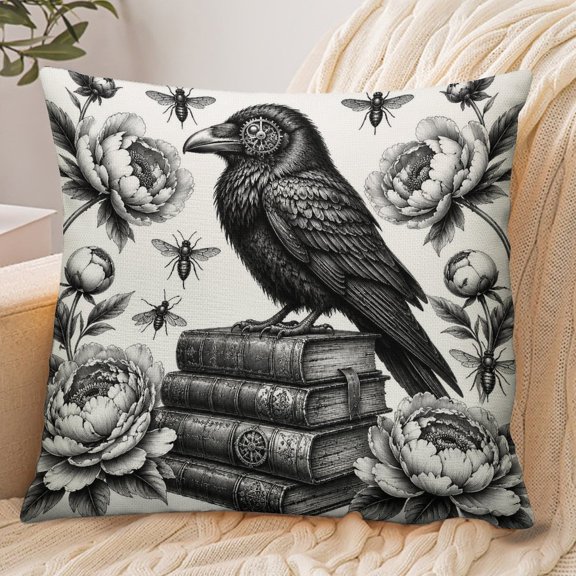 GooTPa 18x18 Inch Envelope Throw Pillow Cover, Steampunk Raven On Antique Books Soft Polyester Modern Farmhouse Decorative Cushion Case for Bedroom Living Room Home Decor
