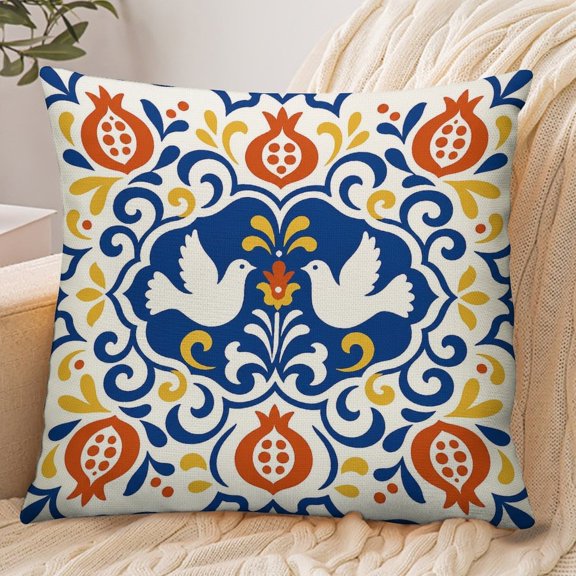 GooTPa 18x18 Inch Envelope Throw Pillow Cover, Talavera Doves Pomegranate Pattern Soft Polyester Modern Farmhouse Decorative Cushion Case for Bedroom Living Room Home Decor