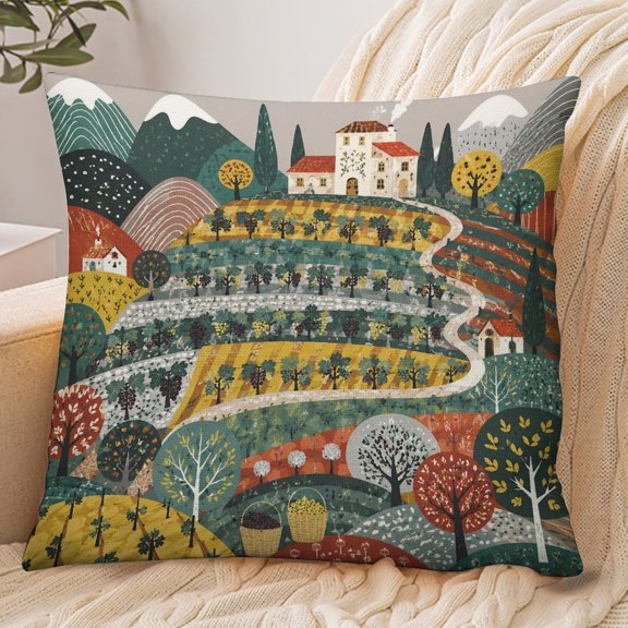 GooTPa 18x18 Inch Envelope Throw Pillow Cover, Vineyard Hills Landscape Illustration Soft Polyester Modern Farmhouse Decorative Cushion Case for Bedroom Living Room Home Decor