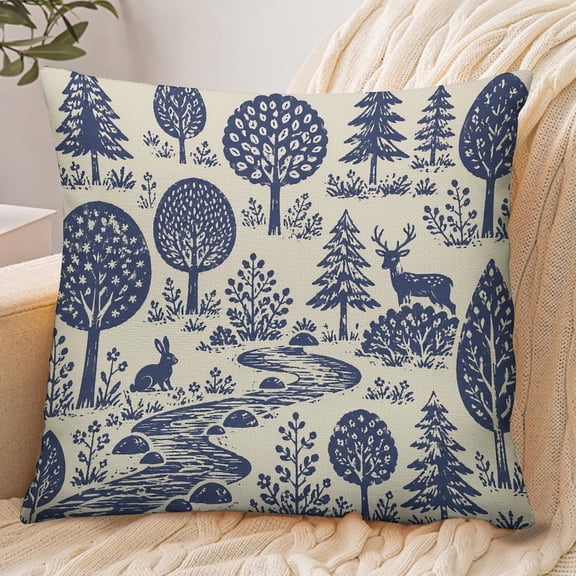 GooTPa 18x18 Inch Envelope Throw Pillow Cover, Woodland Stream With Deer And Rabbit Soft Polyester Modern Farmhouse Decorative Cushion Case for Bedroom Living Room Home Decor