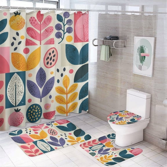 GooTPa 4PCS Abstract Botanical Fruit Collage Waterproof Shower Curtain Sets with Hooks,Bathroom Sets with Non-Slip Rugs,Toilet Lid Cover and Bath Mat