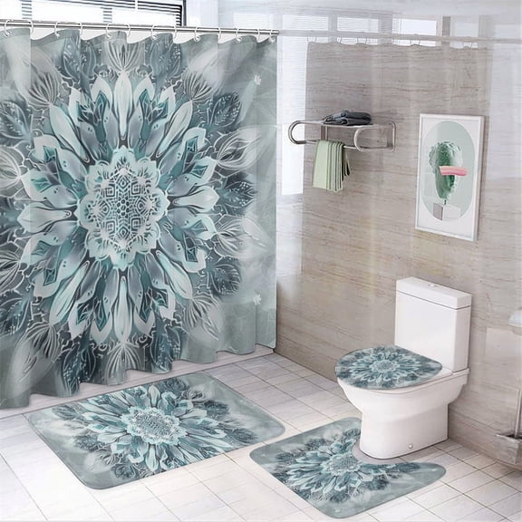 GooTPa 4PCS Abstract Floral Mandala Design Waterproof Shower Curtain Sets with Hooks,Bathroom Sets with Non-Slip Rugs,Toilet Lid Cover and Bath Mat