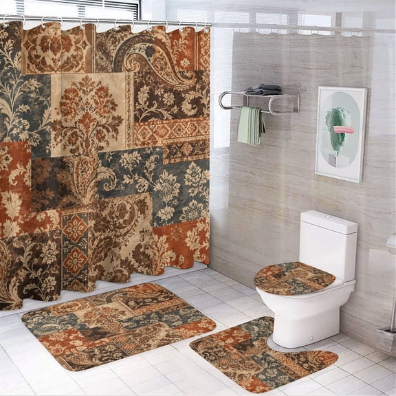 GooTPa 4PCS Antique Floral Patchwork Collage Waterproof Shower Curtain Sets with Hooks,Bathroom Sets with Non-Slip Rugs,Toilet Lid Cover and Bath Mat