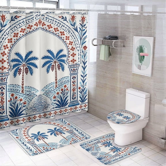 GooTPa 4PCS Archway With Palm Trees Scene Waterproof Shower Curtain Sets with Hooks,Bathroom Sets with Non-Slip Rugs,Toilet Lid Cover and Bath Mat