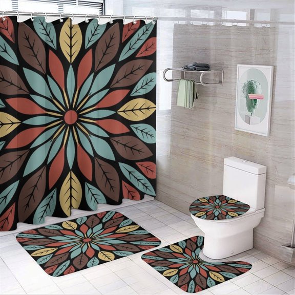 GooTPa 4PCS Autumn Leaves Mandala Pattern Waterproof Shower Curtain Sets with Hooks,Bathroom Sets with Non-Slip Rugs,Toilet Lid Cover and Bath Mat