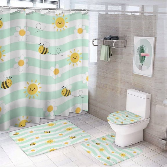 GooTPa 4PCS Bee Daisy Spring Pattern Waterproof Shower Curtain Sets with Hooks,Bathroom Sets with Non-Slip Rugs,Toilet Lid Cover and Bath Mat