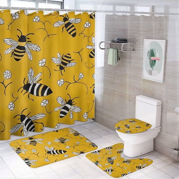 GooTPa 4PCS Bee Floral Yellow Pattern Waterproof Shower Curtain Sets with Hooks,Bathroom Sets with Non-Slip Rugs,Toilet Lid Cover and Bath Mat