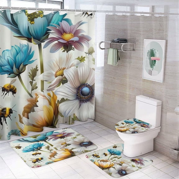 GooTPa 4PCS Bees Colorful Flowers Realistic Waterproof Shower Curtain Sets with Hooks,Bathroom Sets with Non-Slip Rugs,Toilet Lid Cover and Bath Mat