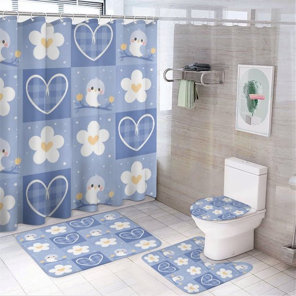 GooTPa 4PCS Bird Flower Heart Patchwork Pattern Waterproof Shower Curtain Sets with Hooks,Bathroom Sets with Non-Slip Rugs,Toilet Lid Cover and Bath Mat