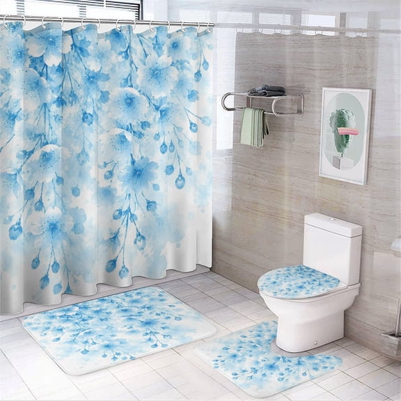 GooTPa 4PCS Blue Cherry Blossom Cascade Waterproof Shower Curtain Sets with Hooks,Bathroom Sets with Non-Slip Rugs,Toilet Lid Cover and Bath Mat