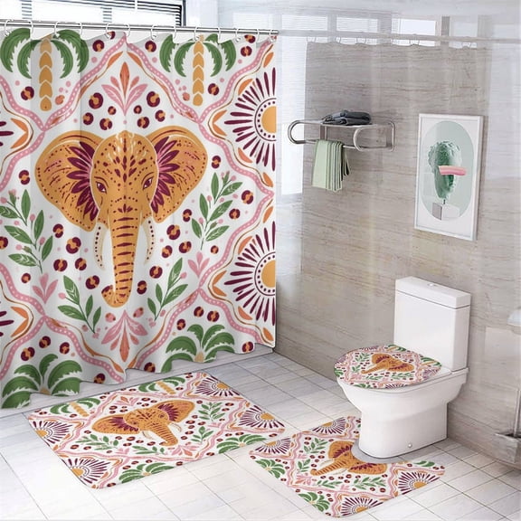 GooTPa 4PCS Boho Elephant Floral Pattern Waterproof Shower Curtain Sets with Hooks,Bathroom Sets with Non-Slip Rugs,Toilet Lid Cover and Bath Mat