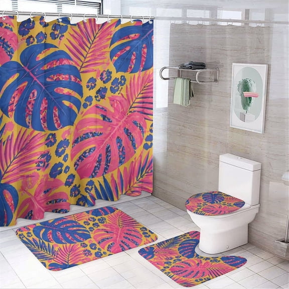 GooTPa 4PCS Bold Tropical Monstera Leaves Pattern Waterproof Shower Curtain Sets with Hooks,Bathroom Sets with Non-Slip Rugs,Toilet Lid Cover and Bath Mat