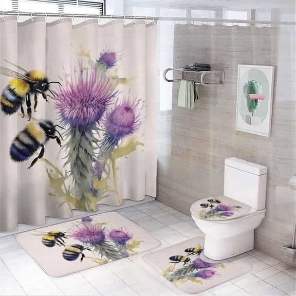 GooTPa 4PCS Bumblebee Thistle Wood Waterproof Shower Curtain Sets with Hooks,Bathroom Sets with Non-Slip Rugs,Toilet Lid Cover and Bath Mat