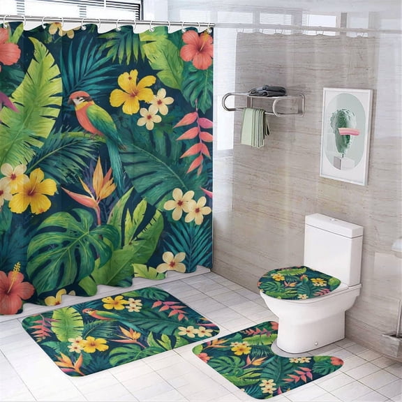 GooTPa 4PCS Colorful Parrot in A Lush Tropical Garden Waterproof Shower Curtain Sets with Hooks,Bathroom Sets with Non-Slip Rugs,Toilet Lid Cover and Bath Mat