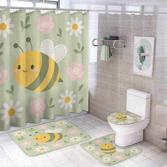 GooTPa 4PCS Cute Bee With Daisy Flowers Waterproof Shower Curtain Sets with Hooks,Bathroom Sets with Non-Slip Rugs,Toilet Lid Cover and Bath Mat
