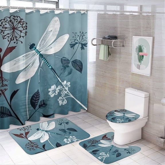 GooTPa 4PCS Dragonfly Blue Silhouette Flowers Waterproof Shower Curtain Sets with Hooks,Bathroom Sets with Non-Slip Rugs,Toilet Lid Cover and Bath Mat