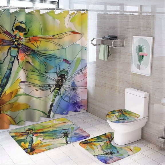 GooTPa 4PCS Dragonfly Flower Watercolor Abstract Waterproof Shower Curtain Sets with Hooks,Bathroom Sets with Non-Slip Rugs,Toilet Lid Cover and Bath Mat