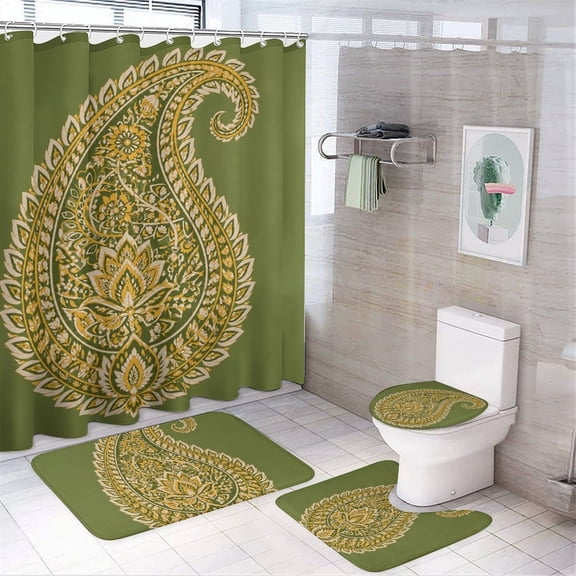 GooTPa 4PCS Floral Paisley Mandala Pattern Waterproof Shower Curtain Sets with Hooks,Bathroom Sets with Non-Slip Rugs,Toilet Lid Cover and Bath Mat