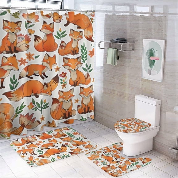 GooTPa 4PCS Foxes Flowers Vintage Waterproof Shower Curtain Sets with Hooks,Bathroom Sets with Non-Slip Rugs,Toilet Lid Cover and Bath Mat